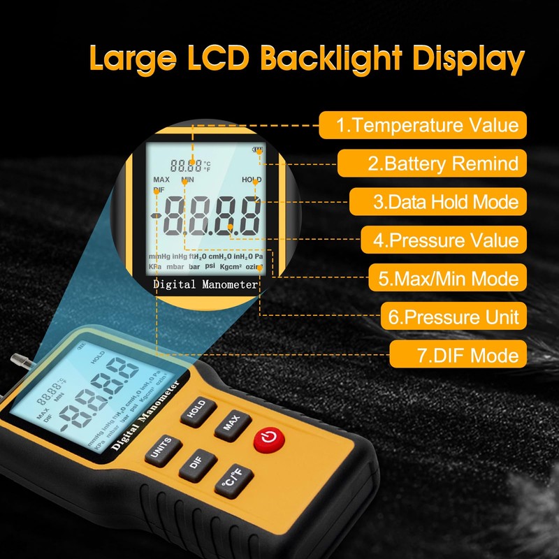 Digital Manometer Gas Pressure Tester with ±0.3% FSO Resolution, Differential