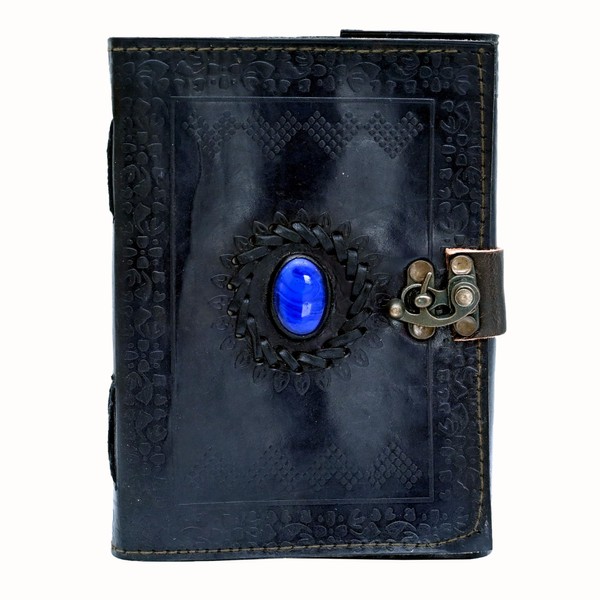 Spell Book of Shadows Black Leather Journal with Gemstone Studded,