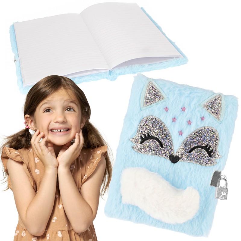 Plush Journal Notebook with Padlock Blue Fox A5 Lined