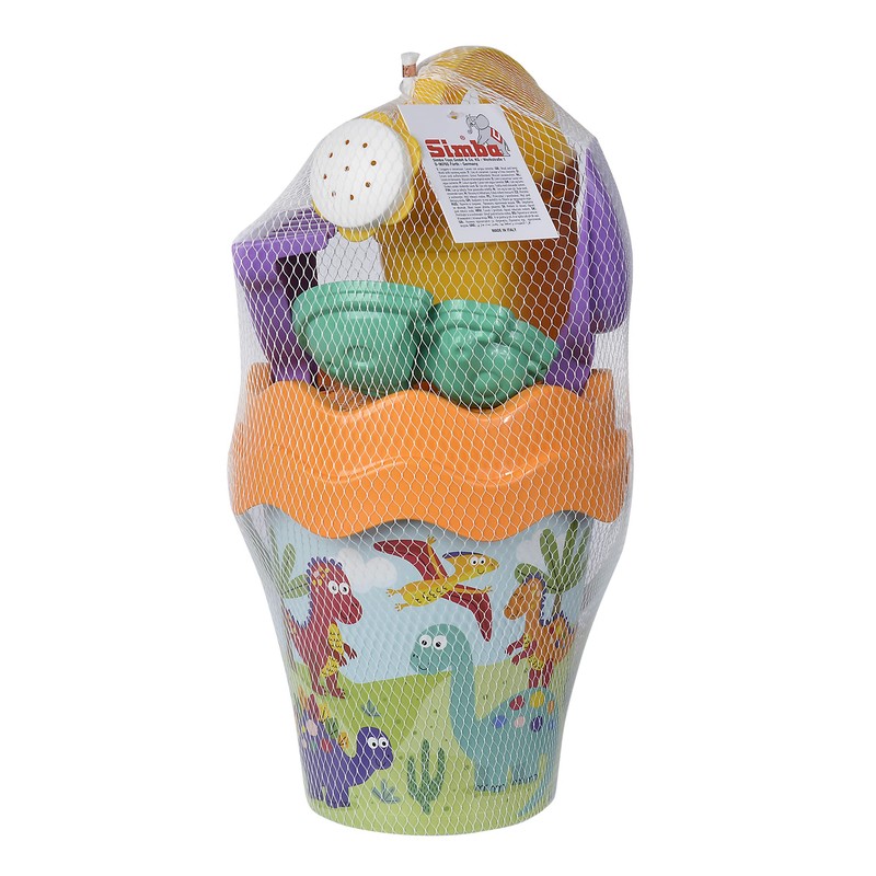 Dino Eimergarnitur, Sandspielzeug, 6 Teile, Eimer, Sieb, Sandform, Schaufel, Rechen,