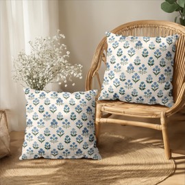 Wnoesat Floral Pillow Covers 18x18 Set of 2 Blue Green Block Print Throw Pillow Cases Vintage Flower Pattern Pillowcases Spring Summer Rustic Outdoor Cushion Covers for Farmhouse Sofa Couch Decor