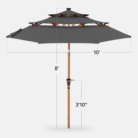 Best Choice Products 10ft 3-Tier Solar Patio Market Umbrella, Outdoor Sun Shade for Backyard, Deck, Poolside, Table w/Woodgrain Pattern, LED Lights, Tilt Adjustment - Gray