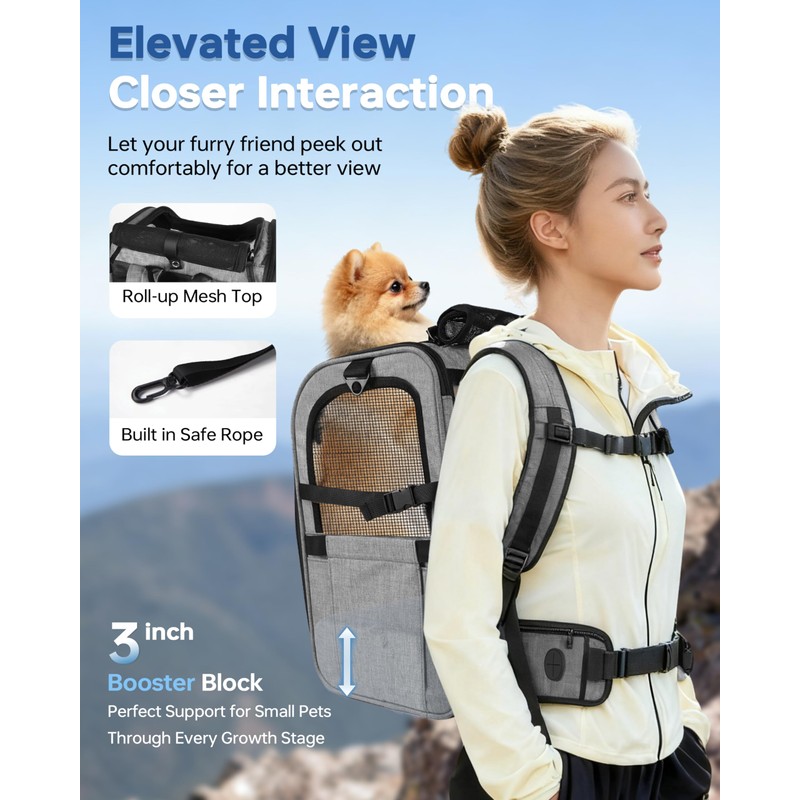 Hiking Dog Carrier Backpack, Padded Height-Enhancing Design, Adjustable Waist Cushioning