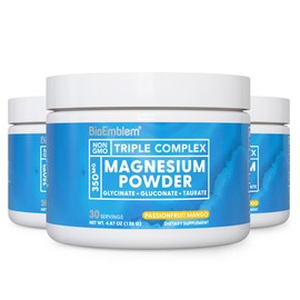 BioEmblem Triple Complex Magnesium Powder Drink - 350mg High Absorption Magnesium Glycinate, Gluconate, Taurate & GABA for Rest, Sleep, & Brain Health - Passionfruit Mango Flavor - Vegan(90 Servings)