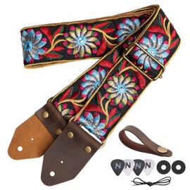 Nefelibata Guitar Strap,Crazy Horse Leather Jacquard Embroidery Cotton Guitar Straps for Bass, Electric & Acoustic, Best Gifts for Guitarists(Retro Black Daisy)