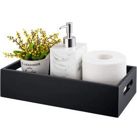 ALELION Black Bathroom Basket - Wooden Toilet Tank Paper Basket with Handle for Organizing - Back of Toilet Storage Organizer for Bathroom Tank Topper Counter - Black Bathroom Decor Box