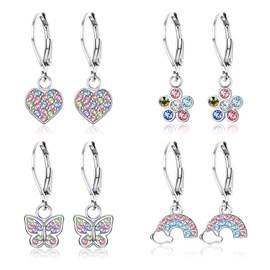 Kakonia 4 Pairs Dangle Earrings for Girl Women Hypoallergenic Stainless Steel Cute Earrings Set Rainbow Star Heart Flower Butterfly Multicolored Zirconia Leverback Hoop Dangle Earrings for Kids