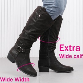 Luoika Women's Extra Wide Calf Knee High Boots, Wide Width Slouchy Knee-High Boots Low Stacked Heel Winter Fall Plus Size Boots. 231109 Blackpu 10.5XW