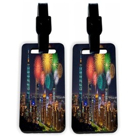 Island Gifting Hardboard Luggage Identifiers Tags with Straps featuring Fireworks Festival at Night in Taipei Taiwan(x2)