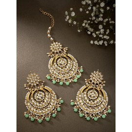Aheli Bollywood Ethnic Chandbali Style Big Earrings Maang Tikka Set Indian Traditional Bollywood Fashion Jewelry Gift for Women Mint