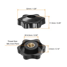 HARFINGTON 4pcs Star Knobs M6 Female Thread 32mm Head Plastic Through Hole Brass Screw-in Clamping Handles Threaded Hand Knobs, Black