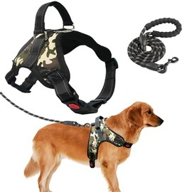 Arnes para Perro Grande Mediana y Pequeño Pechera para Perro con 1.5m Correa y Arneses Pechera Ajustable Reflectante Transpirable para Caminar Viajar Entrenar Perros Accesorios (Camo, L)