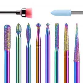MelodySusie 10Pcs Diamond Nail Drill Bit Set, 3/32 Inch Cuticle Nail Drill Bits for Acrylic Gel Aritificial Nails, Shapen Remove Cleaning Tools for Manicure Pedicure, Home Salon Use(Rainbow)