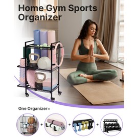 YOTTOY 3-Layer Gym Storage Rack – Multi-Functional Weight Rack for Home Gym, Yoga Mat Holder & Foam Roller Basket with 6 Hooks, Gym Equipment Organizer (Black)