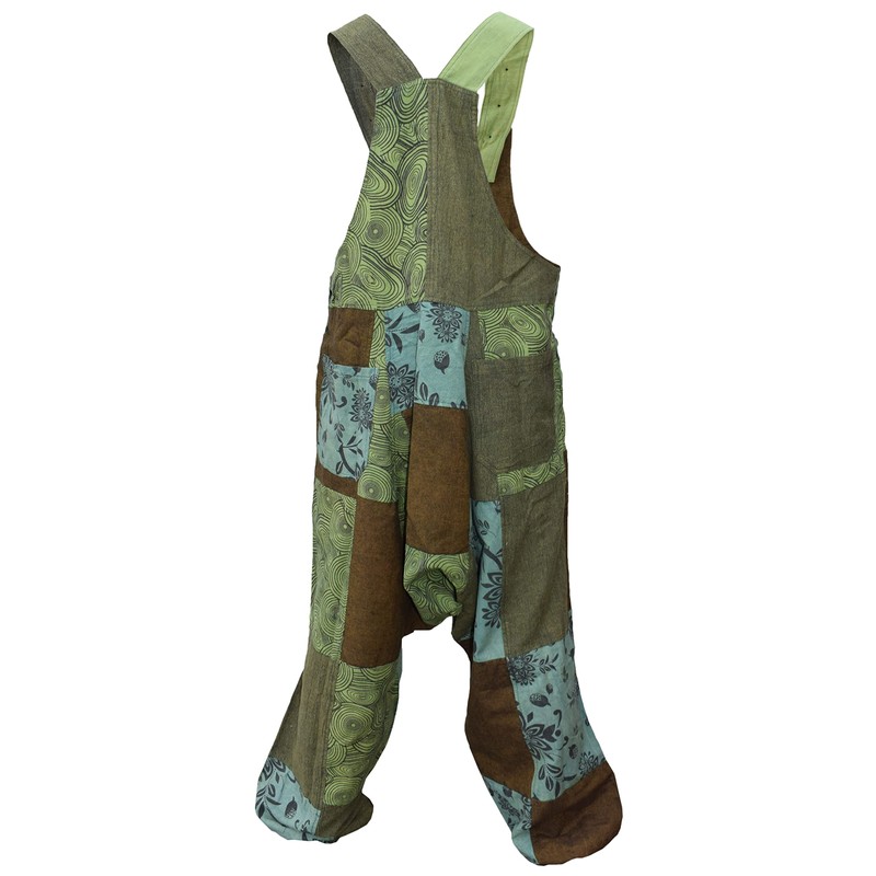Gheri Mens Loose Fit Patchwork Printed Cotton Harem Dungarees Green