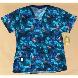 Carhartt  Cross Flex Blue Butterfly Two Pocket V Neck Scrub Top Womens Large