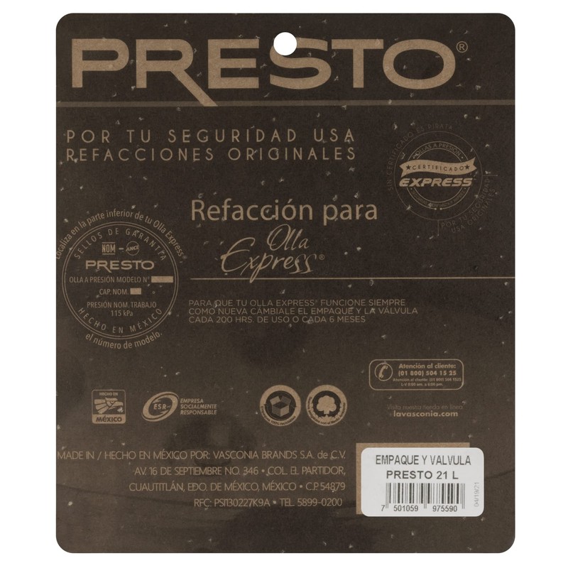 PRESTO 75590 Empaque/válvula de 21 litros fundida de 3 Piezas