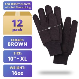 Red Fleece Lined Brown Jersey Gloves 10", Winter Work Gloves 12 Pack with Elastic Wrist Gunn Cut Pattern, Plain Breathable Glove 16 OZ, Protective Industrial Gloves, Comfortable Reusable Washable