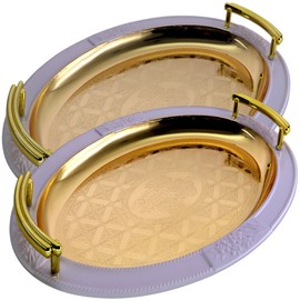 Maro Megastore (Pack of 2) 15.2 inch x 11.1 inch Oblong Iron Gold Plated Mirror Serving Tray with Handles Floral Engraved Purple Edge Decorative Party Dessert Wine Decor Platter Plate Base Dish NC-092