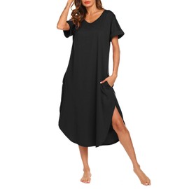 AVIIER Nightgowns for Women Cotton Night Shirt Sleepwear Ladies Soft Loungewear with Pockets (Black, Small)