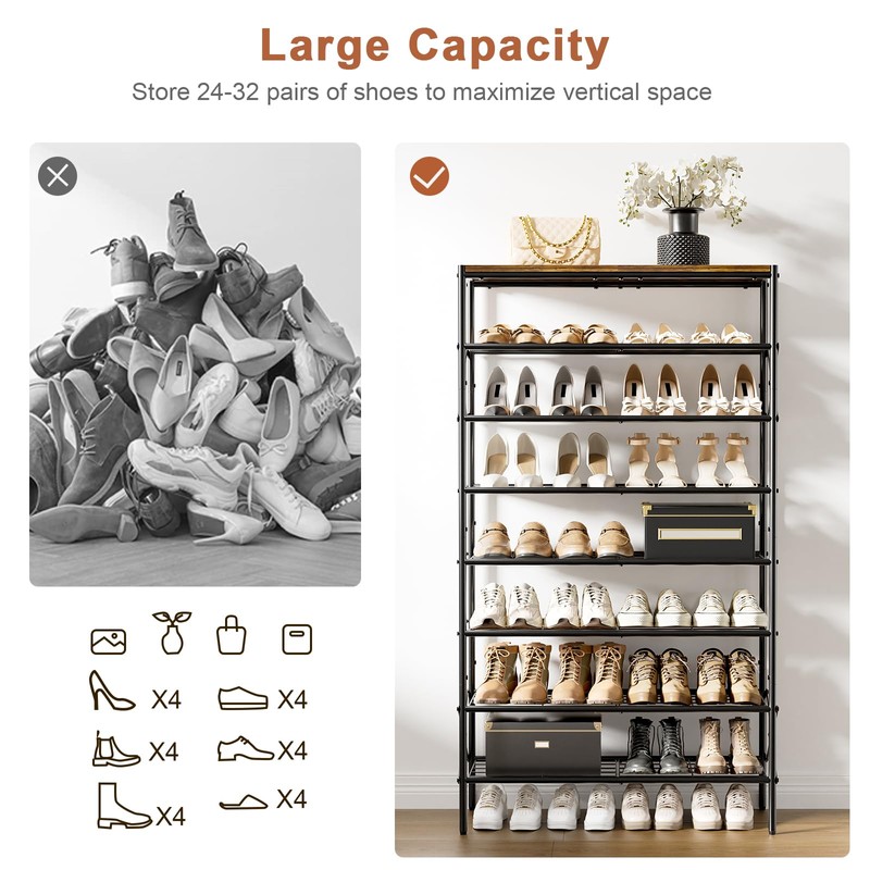 8 Tier Metal Shoe Rack with Wood Top, 24-32 Pairs