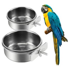 2 cuencos de acero inoxidable para alimentación de pájaros, taza de alimentación de pájaros pequeños, jaula de acero inoxidable para loro con soporte, comedero de agua para jaula de loro, soporte para
