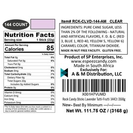 Extra Large Rock Candy Sticks: 144 Lavender Rock Candy Sticks - Tutti-Frutti - Individually Wrapped for Party Favors, Candy Buffet, Showers, Receptions, Old Fashioned Espeez Bulk Candy on a Stick