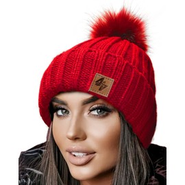 4sold Men's Women's Worm Winter Style Beanie Knitted Hat with Fur Pom Pom Bobble Hat Knitted Bobble Hat Plain Ski Pom Wooly with Full Cosy Fleece Lining -