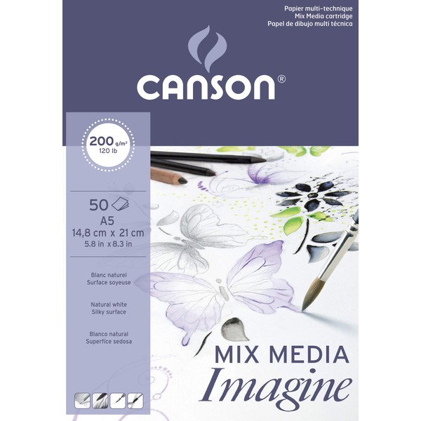 Canson Imagine Mixed Media 200gsm Paper, Natural White, A5 pad Including 50 Sheets