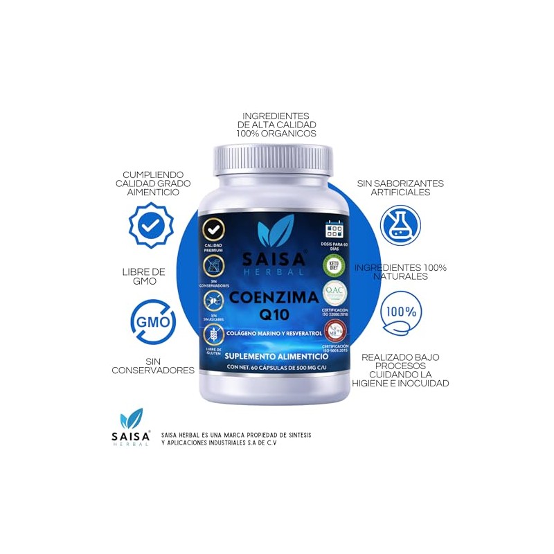 Coenzima Q10 Resveratrol y Colágeno Marino 60 Cápsulas Antioxidante, Antienvejecimiento