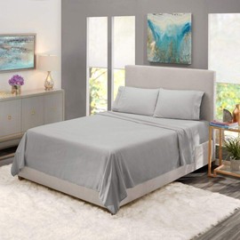 4 Piece 100% Microfiber Sheets Set, Cool & Breathable Deep Pockets Timeless Solid Color Design Silver Gray Sheet Queen Size, Fabric Calm Relaxing Super Soft Cozy Comfy Luxury Bedding Set