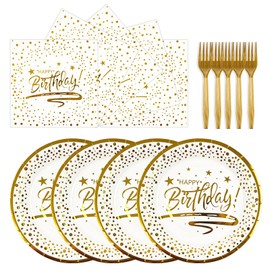 72PCS Happy Birthday Plates and Napkins Party Supplies, White Gold Dot Paper Plates and Napkins with Forks Disposable Tableware Set for Birthday Party Decorations, Serves 24
