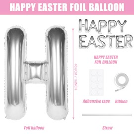 Happy Easter Silver Letter Balloons, Huge 16 Inch Easter Decorations for Spring Party Supplies, Premium Aluminum Balloons Banner Garland Party Favor for Mantle Fireplace Wall Indoor Outdoor Home Decor