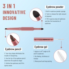 UCANBE 3-In-1 Eyebrow Makeup Pencil: Triangle Retractable Definer Eyebrow Pen, Waterproof Brow Gel And Fills Eye Brow Powder, Create Natural Brows(02 Medium Brown)
