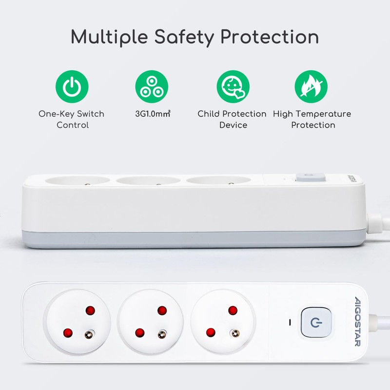 Aigostar 3-Way Power Strip with Switch, Multiple Socket with 3