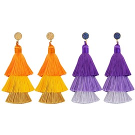 Nupuyai 2 Pairs Colorful Layered Tassel Earrings for Women, Bohemian 3 Tier Tassel Thread Druzy Stud Dangle Drop Earrings Set, Purple and Orange
