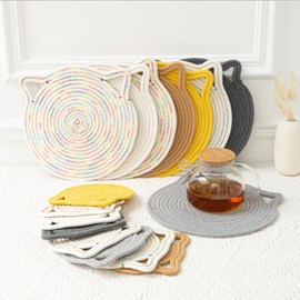 Cute Cat Ears Heat Resistant Trivet Table Mat for Home Use Japanese Style Hanging Cotton Yarn Woven Dining Table Creation Thermal Mat Coaster Cute Cat Large Pot Holder Non Slip Natural Material Gift Present (7.1 inches (18 cm), Light Brown