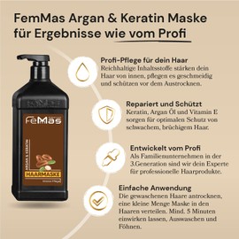 FemMas Argan & Keratin Hair Mask with Vegetable Oils and Proteins, Argan Oil Hair Mask, Rich Protein Hair Mask for Healthy, Smooth Hair, Hairdressing Quality, 1 Litre