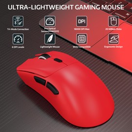 MAMBASNAKE R1 59g Tri-mode lightweight Wireless Gaming Mouse, 2.4GHz/Bluetooth/Wired Connectivity, 5 Programmable Buttons,6 Adjustable DPI up to 18000,PixArt PAW3311 Optical Sensor for PC/Laptop-Red