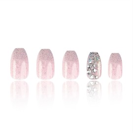 Coffin Press on Nails Short Fake Nails with Glitter Rhinestones Designs White Gradient Full Cover Glue on Nails Glossy Stick on Nails Acrylic False Nails for Women