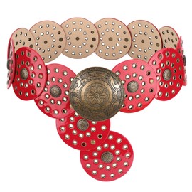 LEACOOLKEY Women's Boho Disc Belt Wide Western Leather Belt Vintage Concho Waist Belt for Dress Jeans