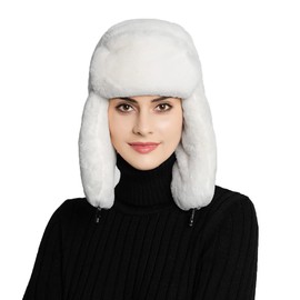 Malaxlx Womens White Faux Fur Trapper Hat Aviator Hat Fuzzy Ski Cap Winter Warm Russian Trooper Ushanka Bomber Hat with Ear Flaps