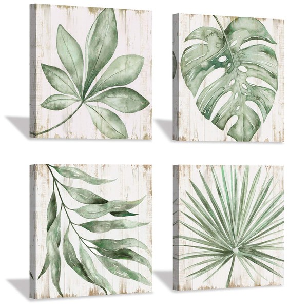 Green Leaves Prints Wall Art: Rustic Wooden Background Palm Tree
