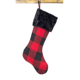 Fennco Styles Red and Black Buffalo Plaid with Black Faux Fur Design Christmas Stocking 13" W x 19" L - Festive Hanging Stocking for Home, Christmas Tree, Fireplace, Office and School Décor