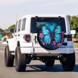 Dujiea Blue Butterfly Flower Spare Tire Cover with Backup Camera Hole, Universal Wheel Tire Cover Tire Protectors for Jeep Trailer RV Van SUV Truck Camper and Many Vehicle 17inch