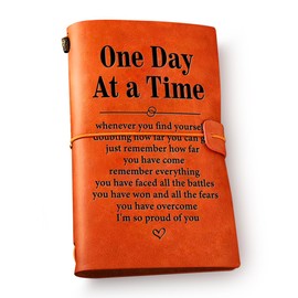 NGAEAK Sobriety Gift, Inspirational Gifts for Women Men Leather Journal Notebook, Graduation Gifts for Him Her One Day at a Time Quote Engraved Leather Travel Journal