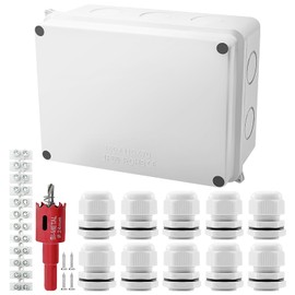 Xpieoyrm Junction Box Waterproof IP65 Surface-Mounted 150 x 110 x 70 mm ABS Junction Box, External Electrical Junction Box, with Cable Glands and Hole Saw, for Indoor and Outdoor Use