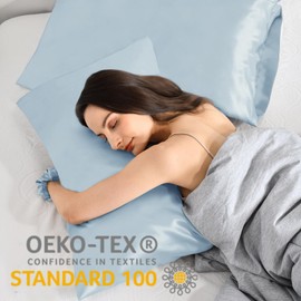 Vielit Pack of 2 Satin Cushion Covers, 40 x 60 cm, Light Blue, Soft as Silk Cushion Cover, Better Care Than Silk Pillose Case, Satin Pillowcase Cushion Cover for Hair and Skin, Comes with 2 Hair