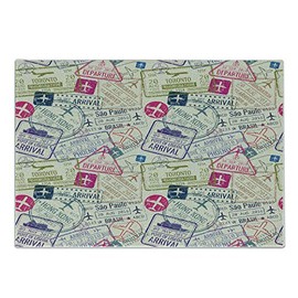 Ambesonne Travel Cutting Board, Passport and Visa Stamps Illustration of Toronto Hong Kong Berlin Print, Decorative Tempered Glass Cutting and Serving Board, Small Size, Eggshell and Pink