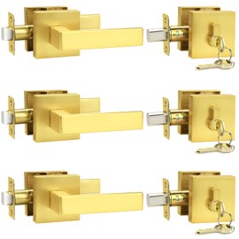 Probrico Keyed Alike Brushed Gold Exterior Door Locksets Square, Satin Brass Front Door Passage Handle and Single Cylinder Deadbolt Set, 3Pack